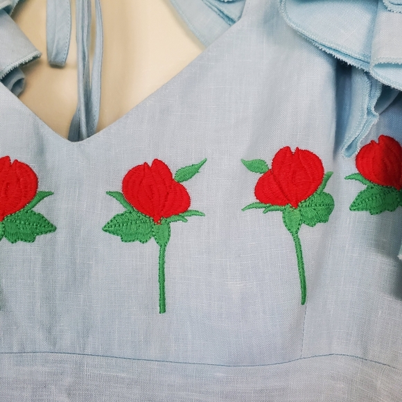 🌹FANM MON🌹Light Lagoon Demre Linen Embroidered Maxi Dress Ruffle Sleeve - Picture 9 of 10